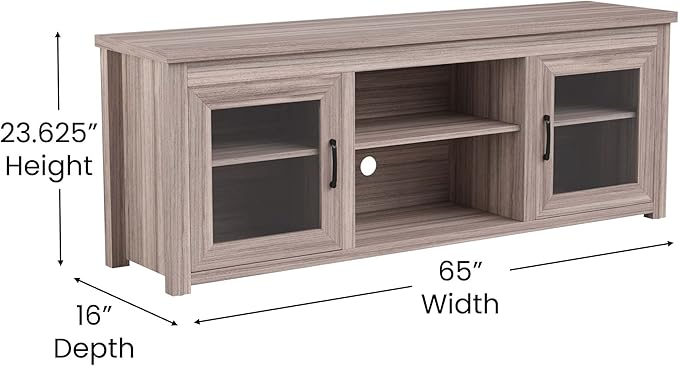 Flash Furniture Sheffield TV Stand for up to 80" TVs - Modern Gray Wash Finish & Full Glass Doors - 65" Engineered Wood Frame - 3 Height Adjustable Shelves - LeafyLoom