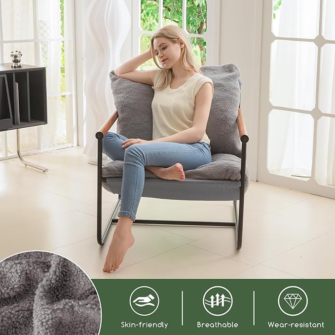 HIGOGOGO Modern Accent Chair, Living Room Chair with Wood Armrests, Shredded Foam Cushion, and Sturdy Metal Frame Reading Chair, Dark Grey - LeafyLoom