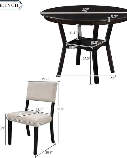 5-Piece Dinette Sets includes Round Kitchen Dining Table with Bottom Shelf, 4 Upholstered Chairs, for Diningroom Living Room, Easy to Assemble, Espresso 3 - LeafyLoom