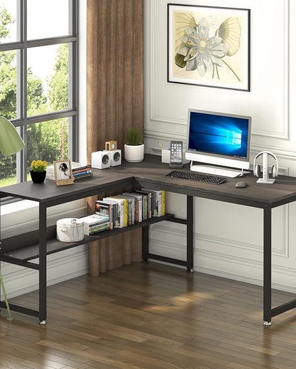 L Shaped Desk, Office Computer Corner Desk, 55 inch Home Gaming Desk Table, Writing Study Workstation with Storage Shelves for Home Office, Space-Saving, Industrial, Espresso - LeafyLoom