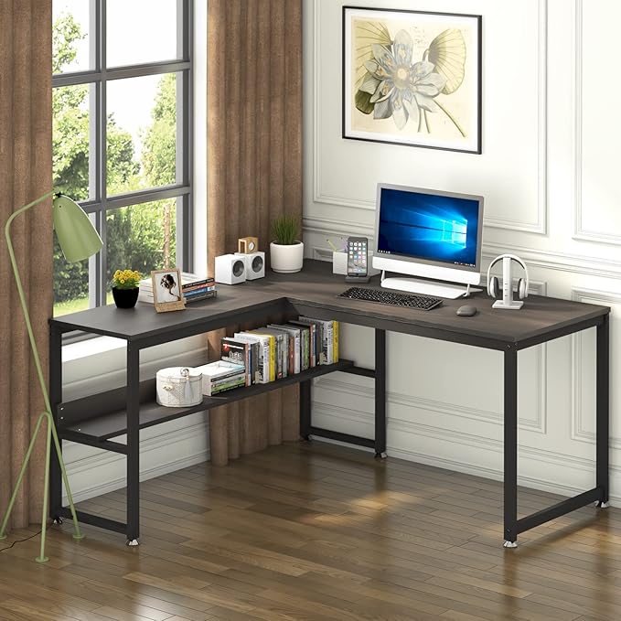 L Shaped Desk, Office Computer Corner Desk, 55 inch Home Gaming Desk Table, Writing Study Workstation with Storage Shelves for Home Office, Space-Saving, Industrial, Espresso - LeafyLoom