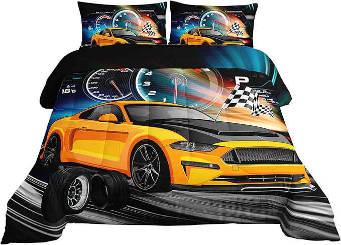 Axolotl Race Car Bedding Set Full Size,Boys Extreme Sports Comforter Set for Kids Boys Car Racing Gifts,Yellow Cool Car Comforter Car Sports Quilt Set 1 Comforter with 2 Pillowcase Car Racing Gifts - LeafyLoom