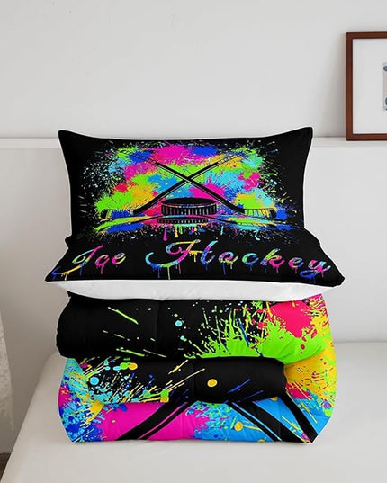 Feelyou Kids Ice Hockey Comforter Set King Size Gaming Sports Bedding Set for Boys Girls Teens Bedroom Decor Ice Sports Games Tie Dye Comforter Hockey Player Duvet Set with 2 Pillow Case - LeafyLoom