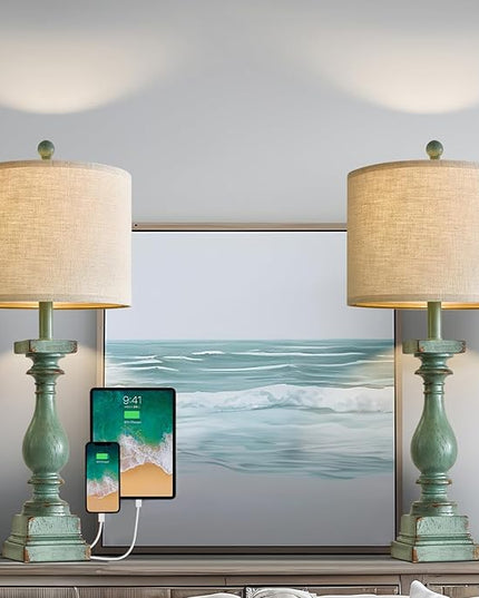 BOBOMOMO 27" Farmhouse Table Lamp Set of 2 with USB A+C for Bedroom Living Room Vintage Rustic Traditional Nightstand Bedside Lamps Retro Side Table Lamps (Green) - LeafyLoom