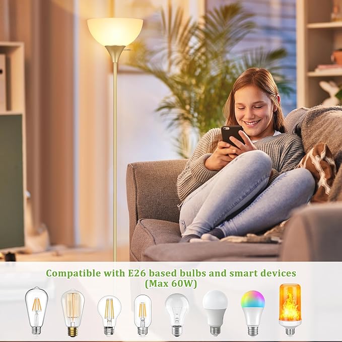 Floor Lamp, LED Standing Lamps with White Plastic Shade, White Modern Torchiere Floor Lamp, Simple Tall Lamps for Living Room Dorm Bedroom, Rotary Switch, E26 Base, Bulb not Included, Gold - LeafyLoom
