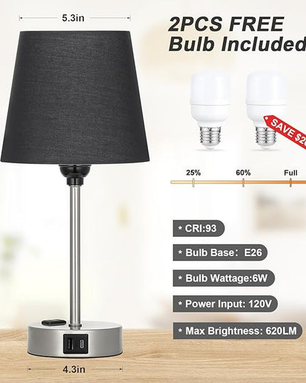 Table Lamps for Bedrooms Set of 2 Bedside - Nightstand Bedroom Lamp with USB C Port and AC Outlet Charging, Dimmable Touch Small End Side Lamp, Black Night Stand Light for Kid/Guest Room/Living Room - LeafyLoom