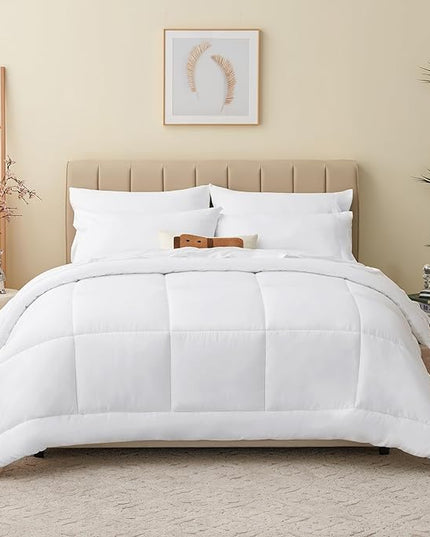 CozyLux Queen Comforter Set - 7 Pieces Bed in a Bag Set White, Bedding Sets Queen with All Season Quilted Comforter, Flat Sheet, Fitted Sheet, Pillowcases, White, Queen - LeafyLoom