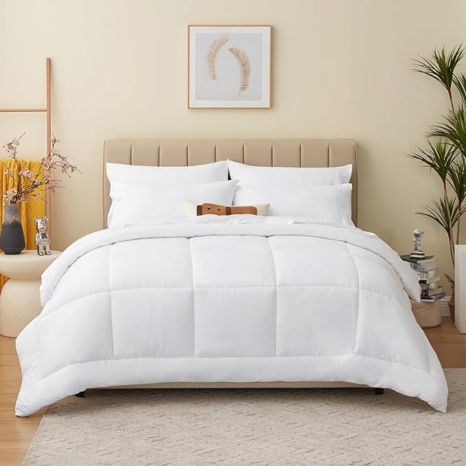 CozyLux Queen Comforter Set - 7 Pieces Bed in a Bag Set White, Bedding Sets Queen with All Season Quilted Comforter, Flat Sheet, Fitted Sheet, Pillowcases, White, Queen - LeafyLoom