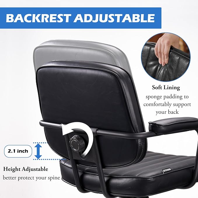 Artswish Mid Century Office Chair, Black Leather Desk Chair with Wheels and Arms, Adjustable Seat Height and Backrest, Suitable for Home or Office Use - LeafyLoom