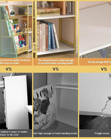 Vintage Bookshelf, Wooden Kids Bookshelf with 3-Tier Ladder Book Display Rack, Small Book Shelf Library Bookcase Storage Organizer, Short Wide Small Bookshelf Bookcase for HomeOffice - LeafyLoom