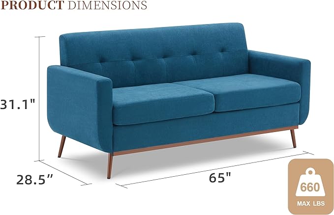 65" Loveseat Sofa, Mid Century Modern Love Seat Couches for Living Room, Comfy Upholstered Sofa Couch for Bedroom, Tufted Design 2 Seater Love Seat Sofa for Small Spaces (Linen-Blue) - LeafyLoom