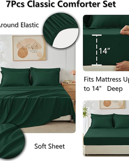 CozyLux Full Comforter Set with Sheets 7 Pieces Bed in a Bag Emerald Green All Season Bedding Sets with Comforter, Pillow Shams, Flat Sheet, Fitted Sheet and Pillowcases - LeafyLoom