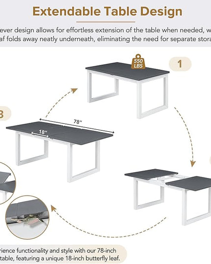 78Inch Dining Table Set for 6, Extendable Dining Table with 18" Butterfly Leaf, 4 Upholstered Dining Chairs and Bench, Kitchen Table Set for Dining Room, White+Grey - LeafyLoom