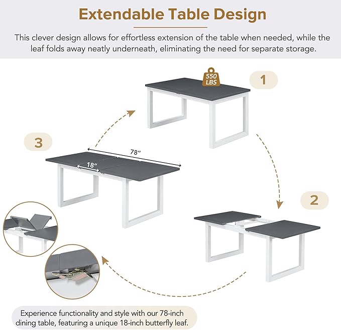 78Inch Dining Table Set for 6, Extendable Dining Table with 18" Butterfly Leaf, 4 Upholstered Dining Chairs and Bench, Kitchen Table Set for Dining Room, White+Grey - LeafyLoom