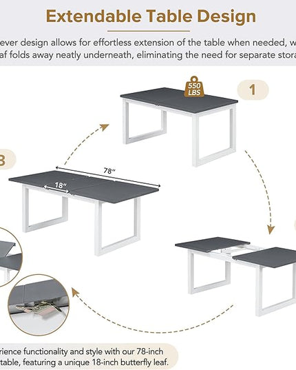 Modern Extendable Set for 6-White Expandable Dining Room Table with 18" Butterfly Leaf, 4 Upholstered Chairs, and Bench - LeafyLoom