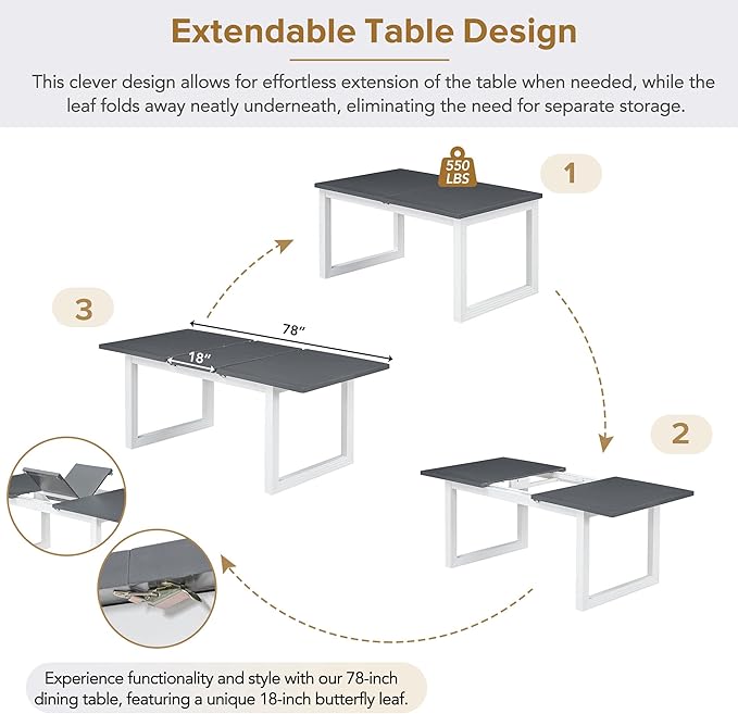 Modern Extendable Set for 6-White Expandable Dining Room Table with 18" Butterfly Leaf, 4 Upholstered Chairs, and Bench - LeafyLoom