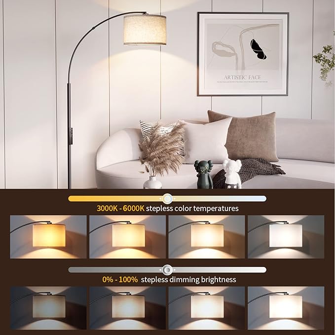 SUNMORY Arc Floor Lamp with Remote,Modern Floor Lamp with Stepless Dimmable Bulb,75″Height Tall Lamp for Living Room with Hanging Drum Shade and Weighted Base.Mid Century Standing Lamp for Bedroom - LeafyLoom