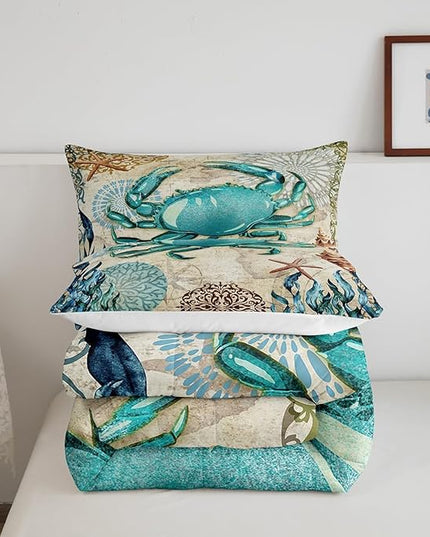 Sea Beach Theme Comforter Set Kids Beach Crabs Print Queen Bedding 3D Sea Animal Crab Luxury Microfiber Quilted Duvet Set with 2 Pillowcases,Soft Lightweight Marine Life Decorative Bedding Soft Fluffy - LeafyLoom
