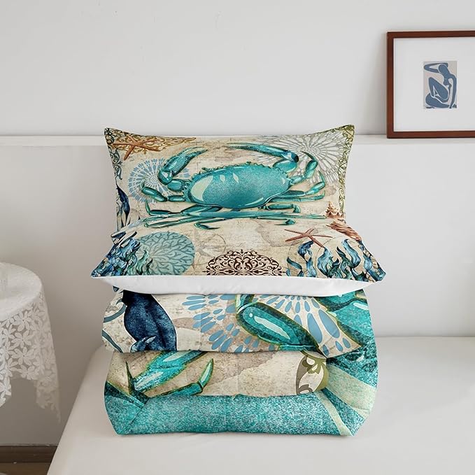 Sea Beach Theme Comforter Set Kids Beach Crabs Print Twin Bedding 3D Sea Animal Crab Luxury Microfiber Quilted Duvet Set with 1 Pillowcase,Soft Lightweight Marine Life Decorative Bedding Soft Fluffy - LeafyLoom