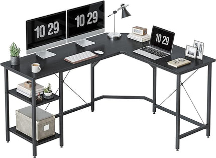 CubiCubi L Shaped Desk, 59.1 Inch Reversible Corner Desk with Storage Shelves, Home Office Desk for Writing Gaming Study, Black - LeafyLoom