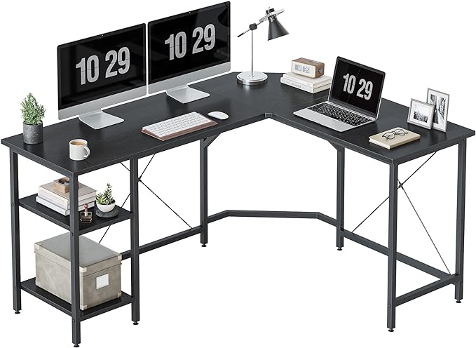 CubiCubi L Shaped Desk, 59.1 Inch Reversible Corner Desk with Storage Shelves, Home Office Desk for Writing Gaming Study, Black - LeafyLoom