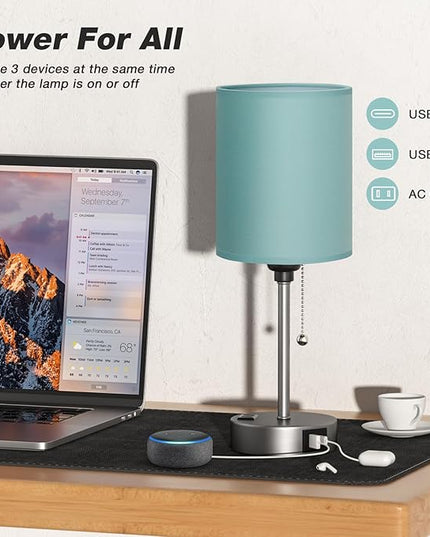 Dicoool Teal Bedside Lamp for Nightstand - 3 Color Temperature Table Lamp with USB C and A Ports, Pull Chain Lamp for Bedroom with AC Outlet, Desk Lamp with Silver Metal Base for Kids Girls - LeafyLoom