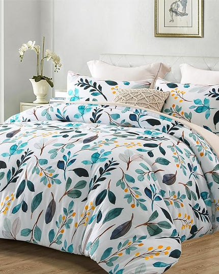 Whale Flotilla Queen Full Comforter Set, Soft Reversible Navy Leaf Bedding Comforter Set with Botanical Pattern, 1 Micoriber Printed Comforter and 2 Pillow Shams, 3 Pieces - LeafyLoom