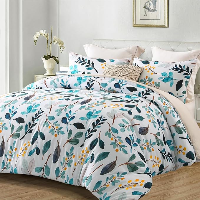 Whale Flotilla Queen Full Comforter Set, Soft Reversible Navy Leaf Bedding Comforter Set with Botanical Pattern, 1 Micoriber Printed Comforter and 2 Pillow Shams, 3 Pieces - LeafyLoom