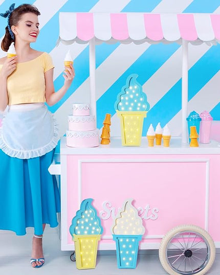2 Pcs Ice Cream Valentine Romance Atmosphere Light Wooden Ice Cream LED Night Light Ice Cream Theme Valentine Romance Lamps Battery Operated LED Night Lights for Party (White-Blue, Blue-Yellow) - LeafyLoom