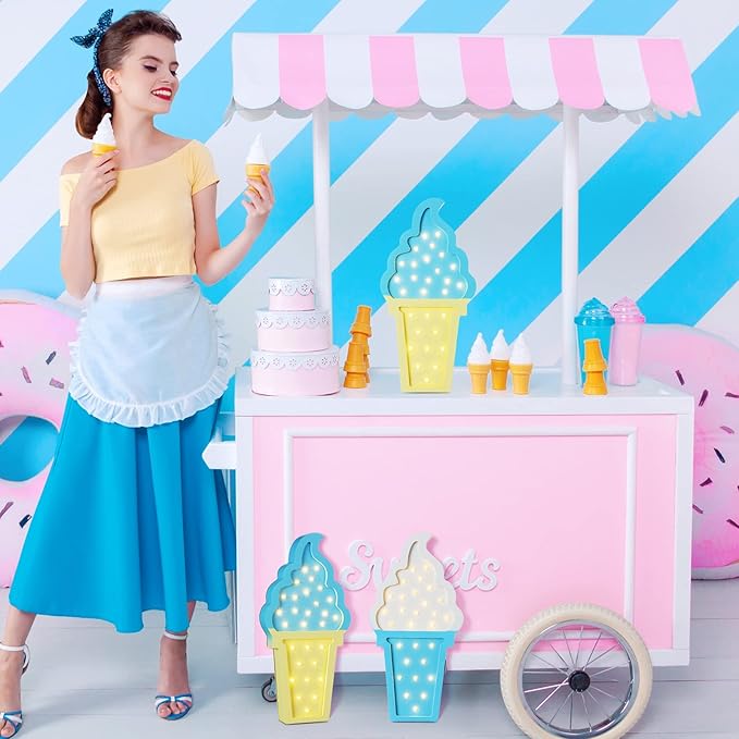 2 Pcs Ice Cream Valentine Romance Atmosphere Light Wooden Ice Cream LED Night Light Ice Cream Theme Valentine Romance Lamps Battery Operated LED Night Lights for Party (White-Blue, Blue-Yellow) - LeafyLoom