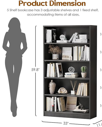 Soohow Grey Bookcase,Bookshelf for Bedroom,60 inches Tall Wood Book case Book Shelves,5 Shelf Book Shelves for Living Room Office - LeafyLoom