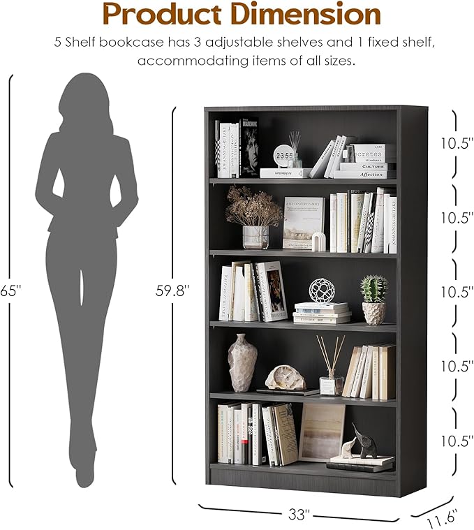 Soohow Grey Bookcase,Bookshelf for Bedroom,60 inches Tall Wood Book case Book Shelves,5 Shelf Book Shelves for Living Room Office - LeafyLoom