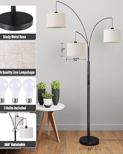 SUNMORY 3 Lights Floor Lamp with Remote Control and 3 Stepless Dimmable Bulbs, 78" Tall Standing Lamp with Hanging Drum Shade & Heavy Base, Modern Arc Floor Lamps for Living Room, Bedroom, Office - LeafyLoom