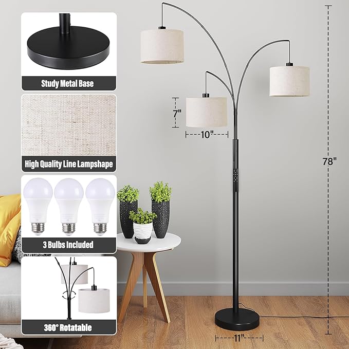 SUNMORY 3 Lights Floor Lamp with Remote Control and 3 Stepless Dimmable Bulbs, 78" Tall Standing Lamp with Hanging Drum Shade & Heavy Base, Modern Arc Floor Lamps for Living Room, Bedroom, Office - LeafyLoom