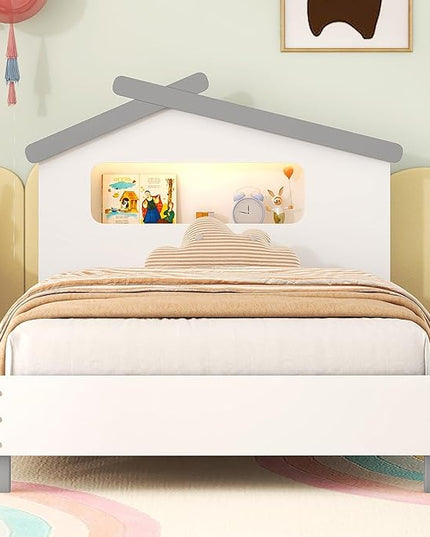 Bellemave Twin Size Platform Bed with House-Shaped Headboard and Motion Activated Night Lights,Wood Twin Kids Bed Frame for Teens, Girls,Boys(Twin,White) - LeafyLoom