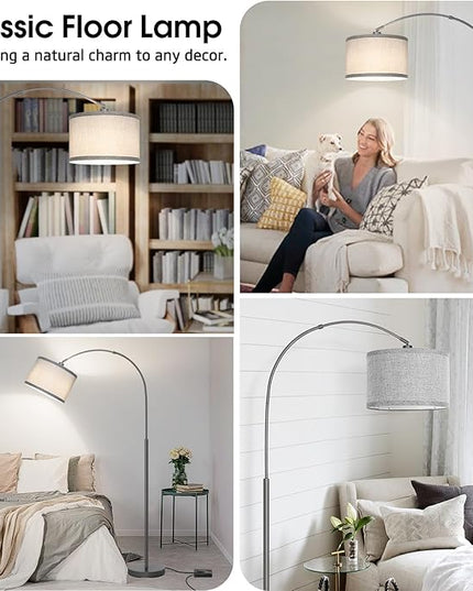 Arc Floor Lamp with Dimmer, Dimmable Floor Lamp for Living Room, Modern Standing Lamp with Gray Adjustable Hanging Shade, Tall Pole Lamp Reading Light for Bedroom, Over Couch, 9W LED Bulb Included - LeafyLoom