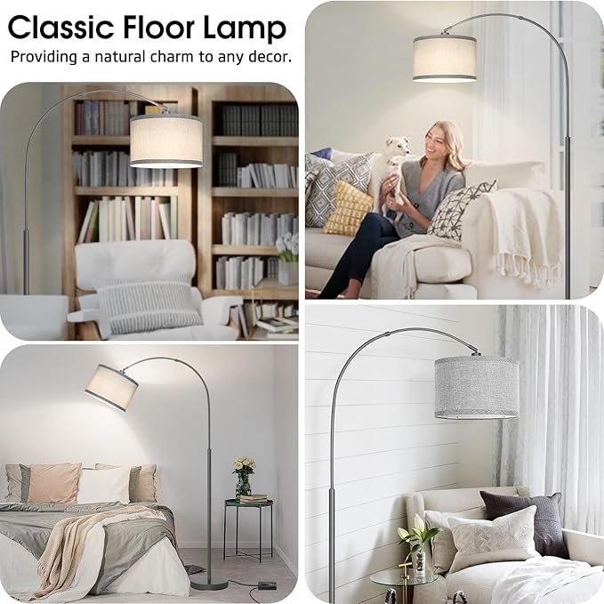 Arc Floor Lamp with Dimmer, Dimmable Floor Lamp for Living Room, Modern Standing Lamp with Gray Adjustable Hanging Shade, Tall Pole Lamp Reading Light for Bedroom, Over Couch, 9W LED Bulb Included - LeafyLoom