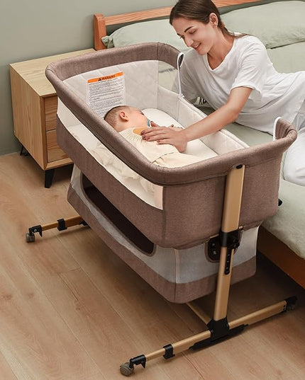 Baby Crib,3 in 1 Baby Bassinet Bedside Crib Adjustable Portable Bed for Infant,Baby Newborn Must Have Bed,Khaki - LeafyLoom