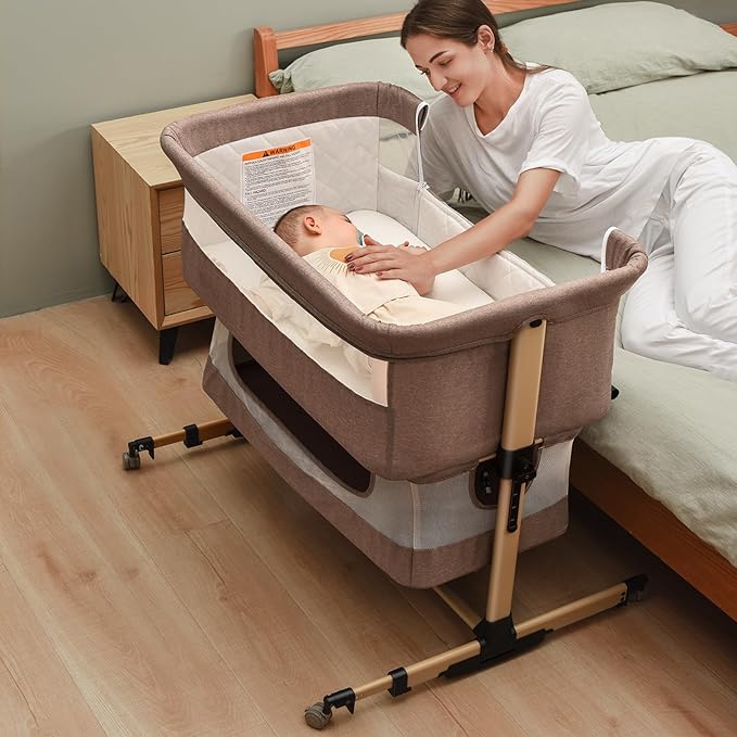 Baby Crib,3 in 1 Baby Bassinet Bedside Crib Adjustable Portable Bed for Infant,Baby Newborn Must Have Bed,Khaki - LeafyLoom
