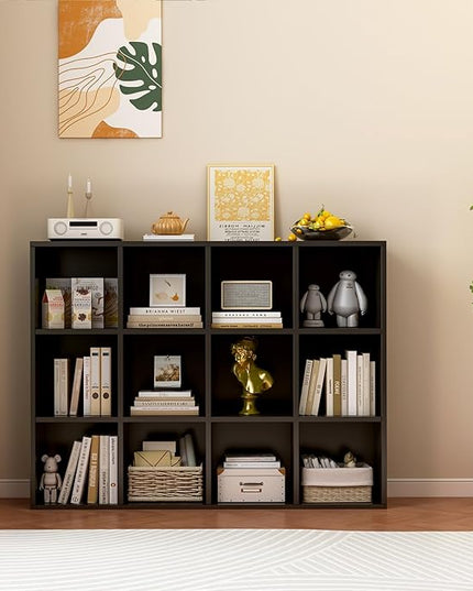 12-Cube Storage Shelf Bookcase - Wooden 3-Tier Floor Standing Open Bookshelf for Home and Office, Display Cabinet, Black - LeafyLoom