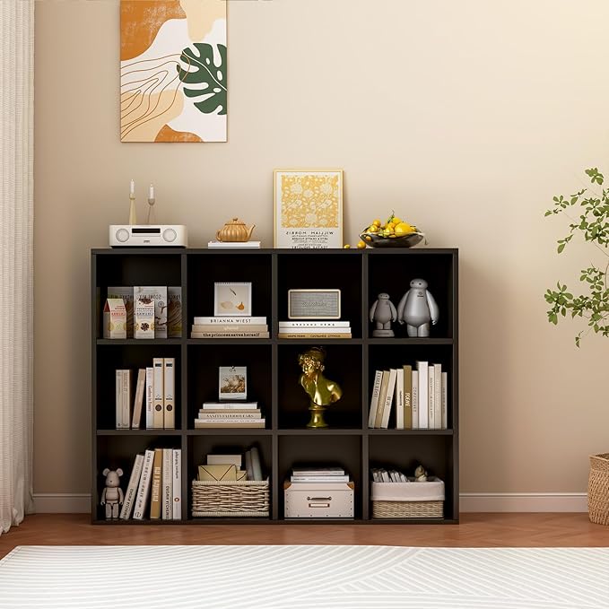 12-Cube Storage Shelf Bookcase - Wooden 3-Tier Floor Standing Open Bookshelf for Home and Office, Display Cabinet, Black - LeafyLoom