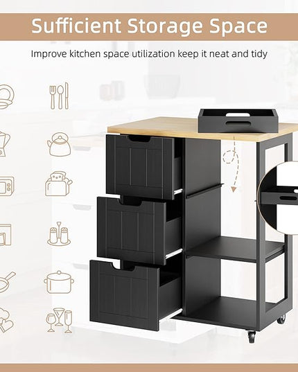 Shintenchi Kitchen Island Cart with Storage,Rolling Kitchen Island Storage Cabinet,Side Table on Wheels with Worktop,3 Open Shelves and 3 Drawers for Kitchen,Dinning Room, Black - LeafyLoom