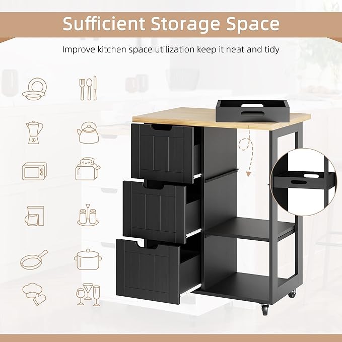 Shintenchi Kitchen Island Cart with Storage,Rolling Kitchen Island Storage Cabinet,Side Table on Wheels with Worktop,3 Open Shelves and 3 Drawers for Kitchen,Dinning Room, Black - LeafyLoom