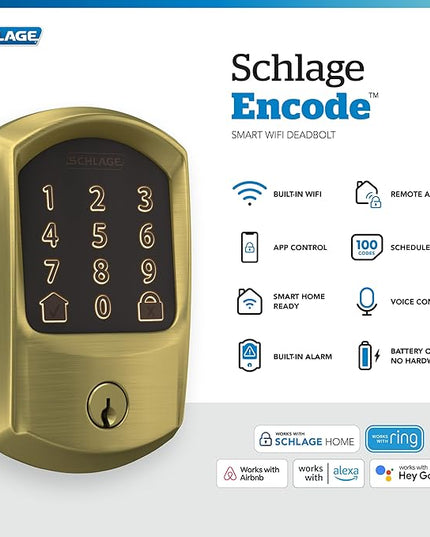 Schlage Encode Smart WiFi Deadbolt Lock for Front Door - Keyless Entry with App or Touchscreen - Works with Alexa, Apple HomeKit, Hey Google, & Airbnb - Create Codes for Guests - Satin Brass Gold SchlageLockCompany