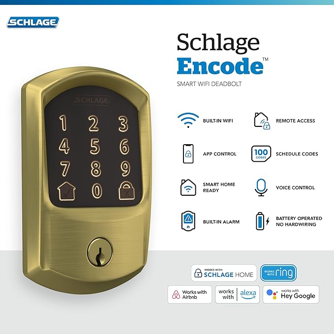 Schlage Encode Smart WiFi Deadbolt Lock for Front Door - Keyless Entry with App or Touchscreen - Works with Alexa, Apple HomeKit, Hey Google, & Airbnb - Create Codes for Guests - Satin Brass Gold SchlageLockCompany