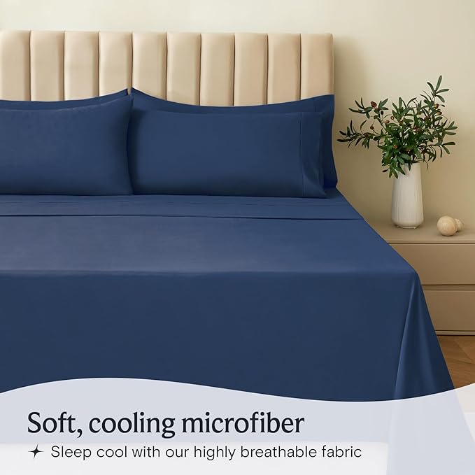 LuxClub Bed Linen Set, 6Pcs King Microfiber Sheets, Deep Pocket Cooling Breathable Hotel Bedding, Navy - LeafyLoom