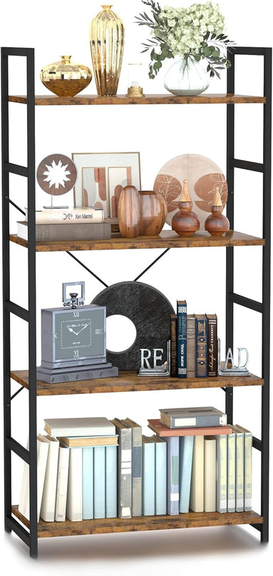 NUMENN 4 Tier Bookshelf, Tall Bookcase Shelf Storage Organizer, Modern Book Shelf for Bedroom, Living Room and Home Office, Vintage - LeafyLoom