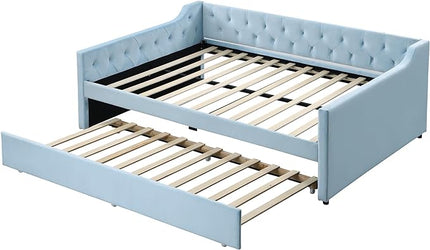 Full Size Velvet Upholstered Tufted Daybed with Twin-Size Trundle,Modern Wood Bed Frame w/Armrests,Slat Support,No Box Spring Needed,Daybeds for Apartment,Bedroom,Guest Room,Blue - LeafyLoom