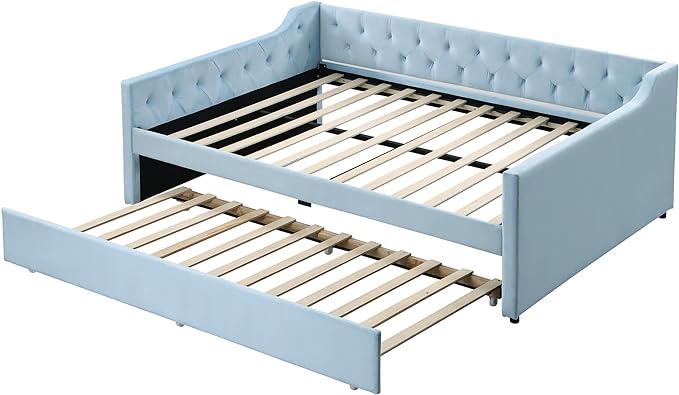 Full Size Velvet Upholstered Tufted Daybed with Twin-Size Trundle,Modern Wood Bed Frame w/Armrests,Slat Support,No Box Spring Needed,Daybeds for Apartment,Bedroom,Guest Room,Blue - LeafyLoom