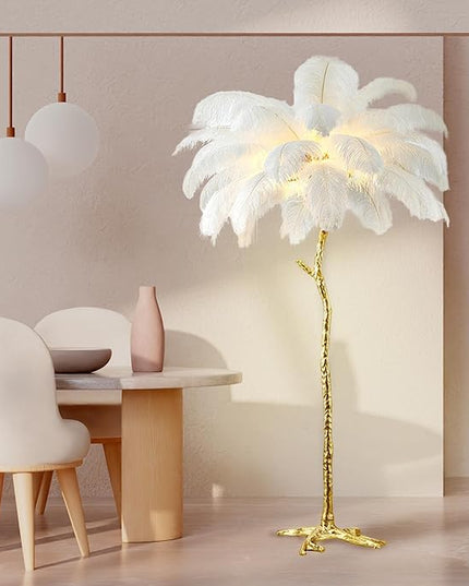 Ostrich Feather Floor Lamp Modern Ostrich Feather LED feather lamp floor Lamp Dimmable Standing feather floor lamp for Living Room Bedroom（White） - LeafyLoom